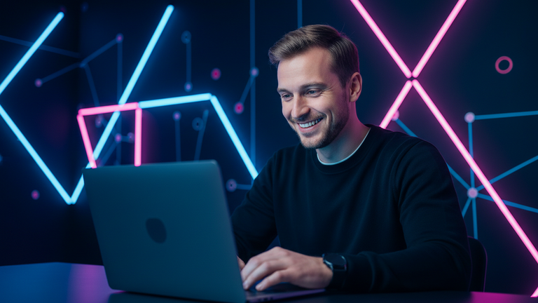 man in black sweater using macbook pro