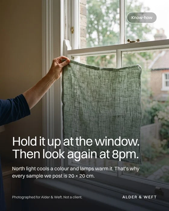 Know-how: a large sage linen sample held up at a sash window