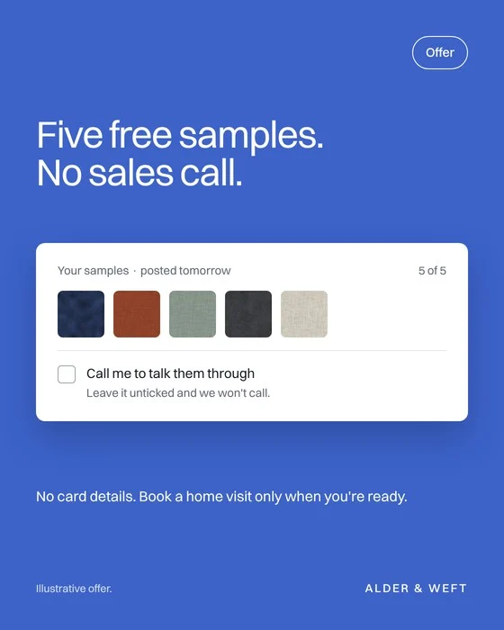 Offer: five samples with an unticked call-me box on cobalt
