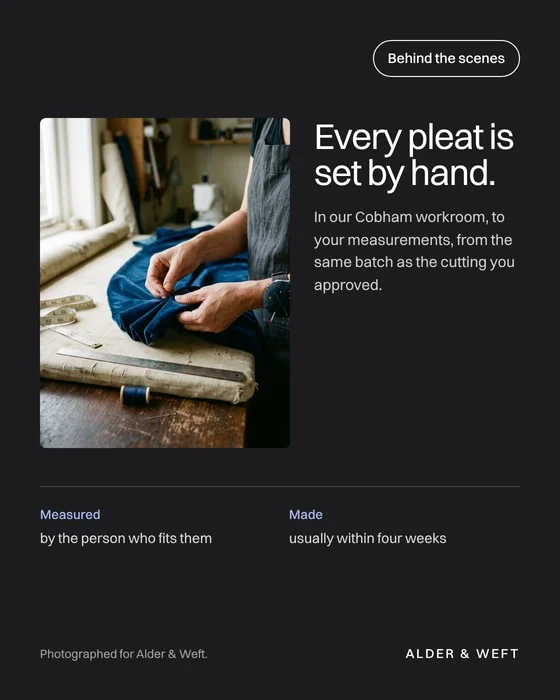 Behind the scenes: hands setting a pleat in ink velvet