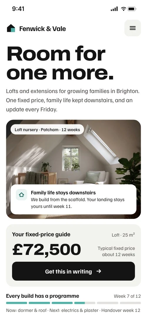 Fenwick & Vale website on mobile