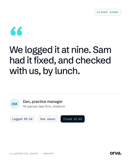 Client story: logged at nine, fixed by lunch (illustrative quote)